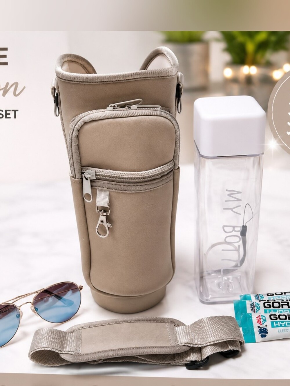 BEIGE BOTTLE HOLDER CROSSBODY BAG SET – WATER BOTTLE "NEW"